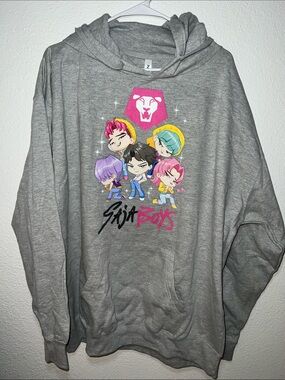 Gray  Hoodie with Colorful Cartoon Crew Graphic
